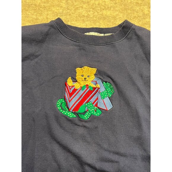 Vintage 90s Casual Corner Holiday Kitten Crewneck Sweatshirt Large Christmas Cat - Picture 3 of 8